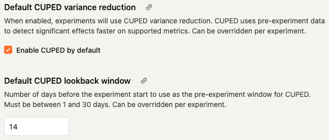 Project settings showing the default CUPED variance reduction configuration