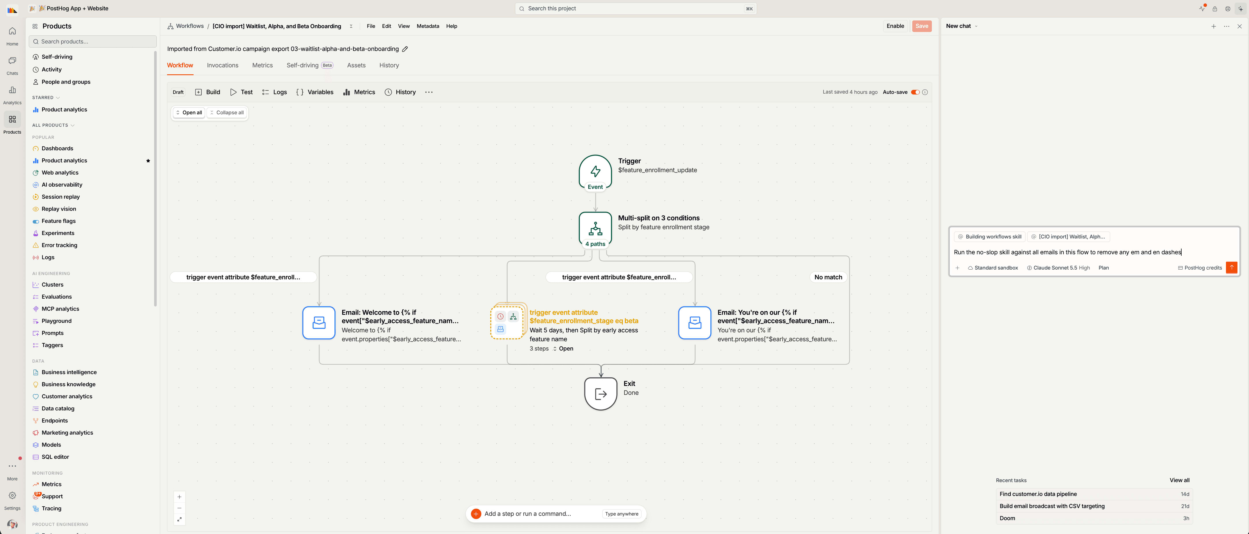 A Customer.io campaign imported into PostHog Workflows