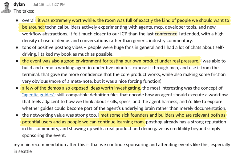 A Slack recap from Dylan after demoing Self-driving at AI Tinkerers, sharing takes on the event and the community