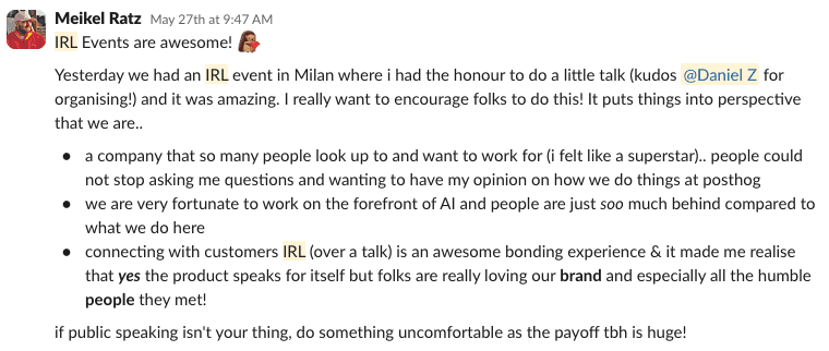 A Slack recap from Meikel after speaking at a dev meetup in Milan, encouraging others to get out to IRL events