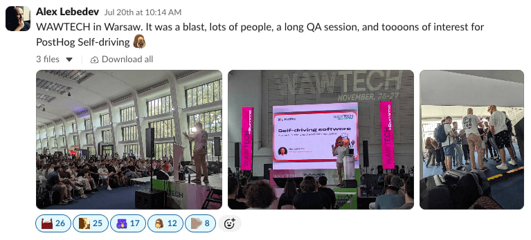 Photos and a Slack recap from WAWTECH in Warsaw, where PostHog spoke about Self-driving to a packed room