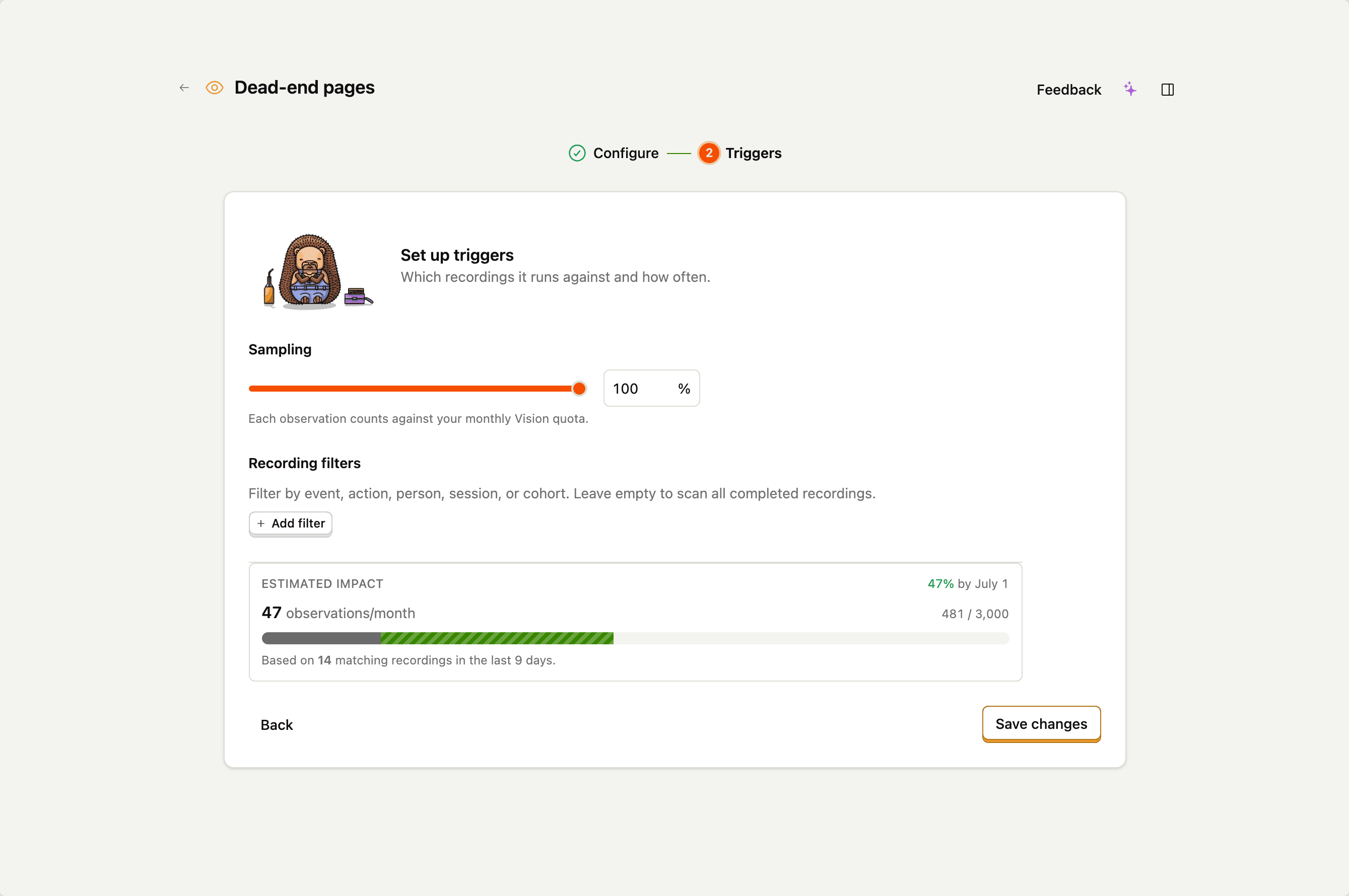 The triggers step of the scanner editor: sampling rate, recording filters, and the estimated per-month impact against the remaining quota