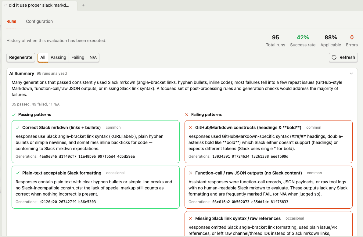 Eval results summary showing passing and failing patterns for Slack markdown formatting