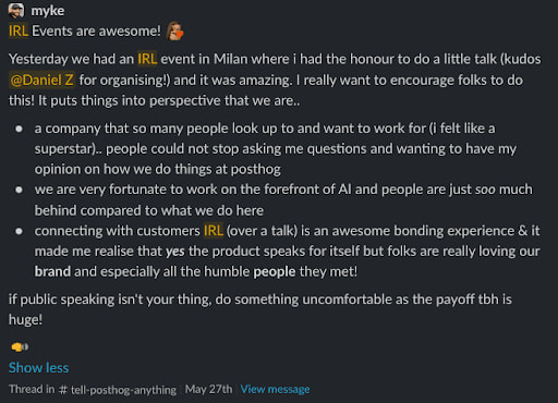 A Slack recap from Meikel after speaking at a dev meetup in Milan, encouraging others to get out to IRL events