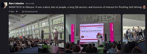 Photos and a Slack recap from WAWTECH in Warsaw, where PostHog spoke about Self-driving to a packed room