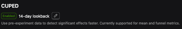 Experiment settings tab showing CUPED variance reduction configuration