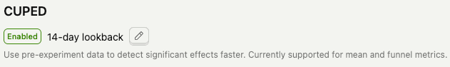 Experiment settings tab showing CUPED variance reduction configuration