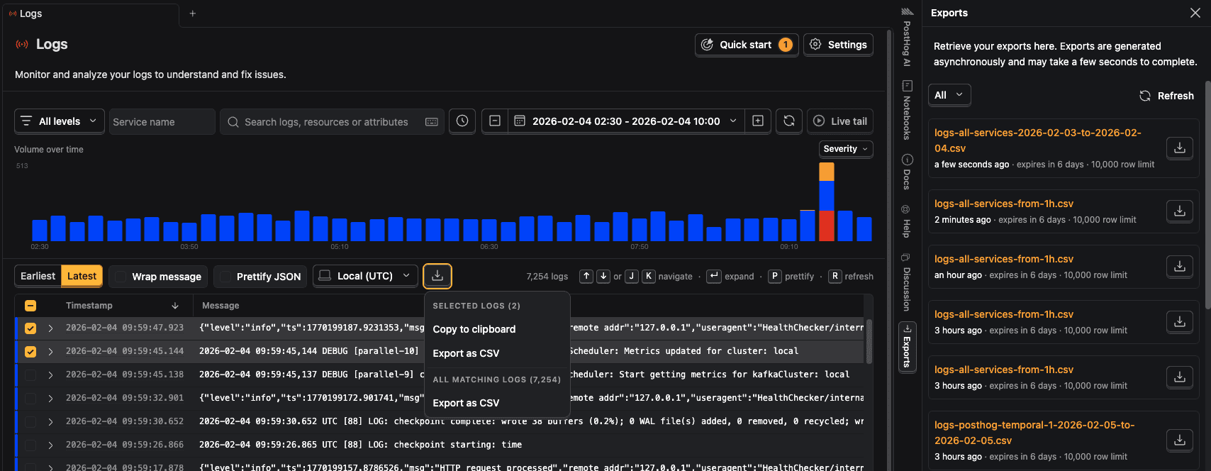 Export button in logs dashboard