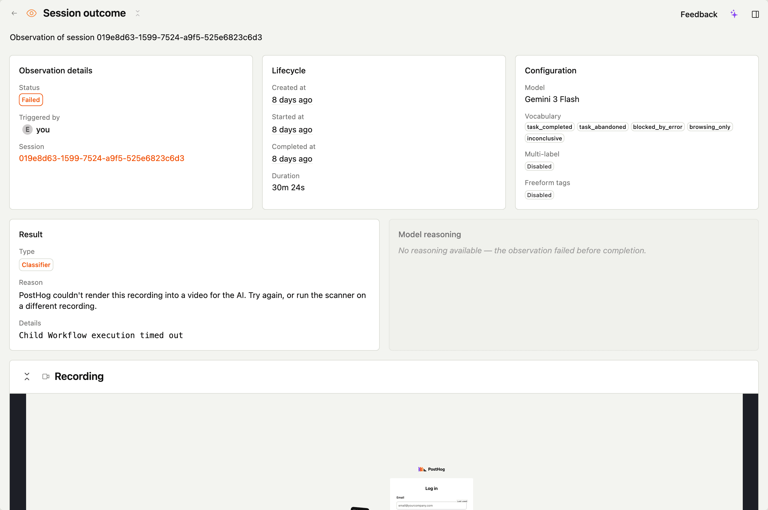 An observation detail page in the failed state, showing the failure kind and human-readable error message