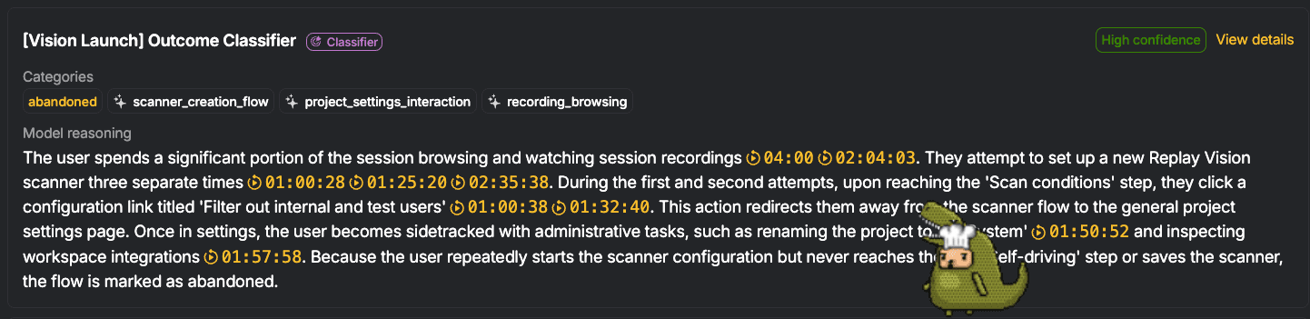 A Replay Vision observation citing the moments a user left the scanner wizard for project settings