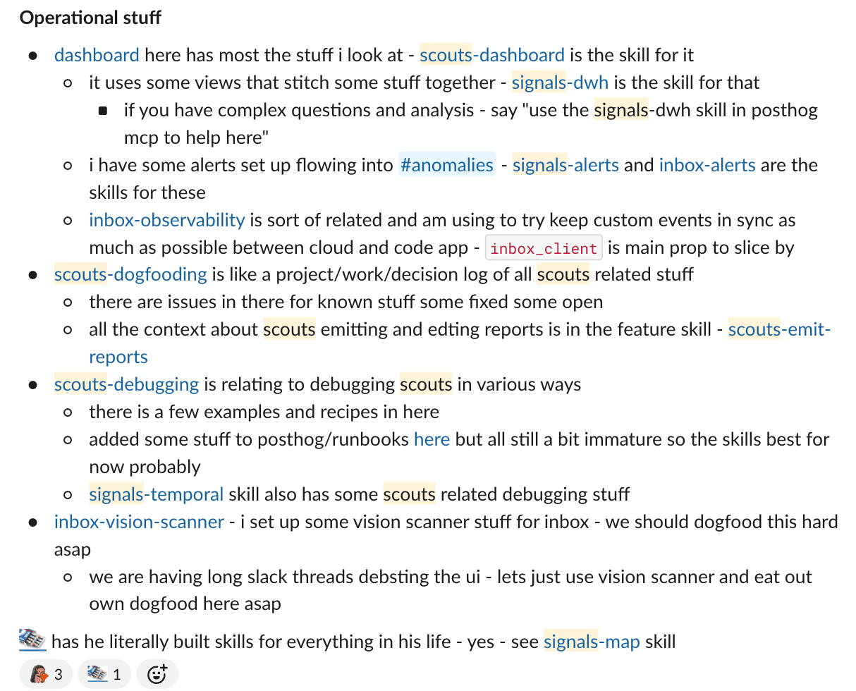 Part of Andy's Slack handover message before a holiday. Each bullet links to a skill: scouts-dashboard, signals-dwh, signals-alerts, inbox-alerts, inbox-observability, scouts-dogfooding, scouts-debugging, signals-temporal, and inbox-vision-scanner.