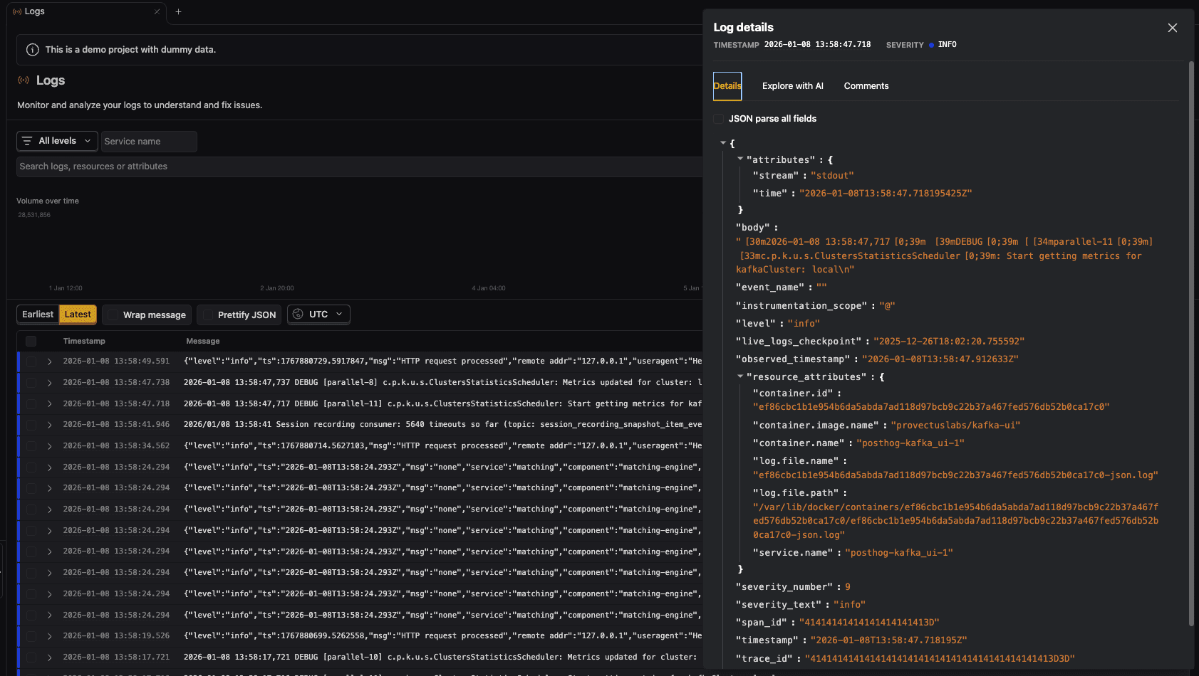 Screenshot of logs details