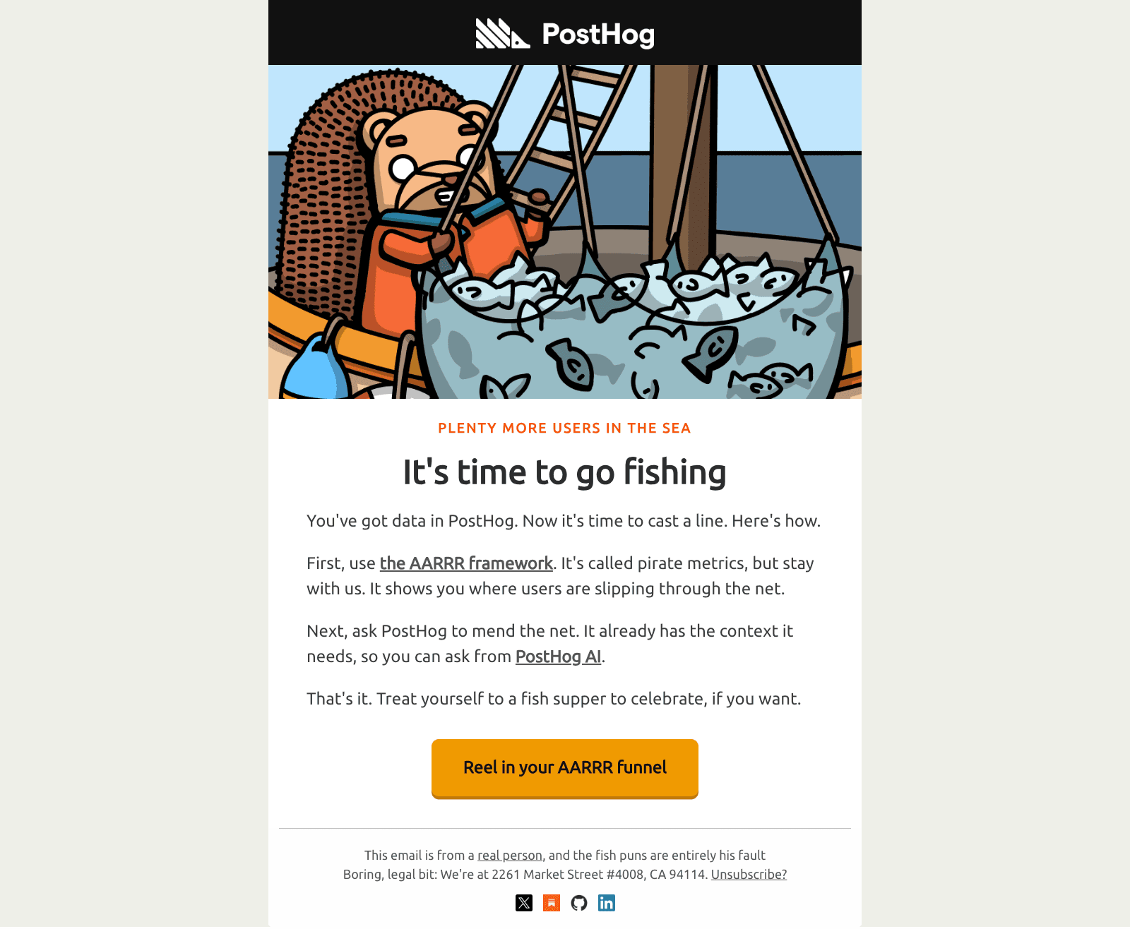 Onboarding email with a hand-drawn hedgehog as the lead image