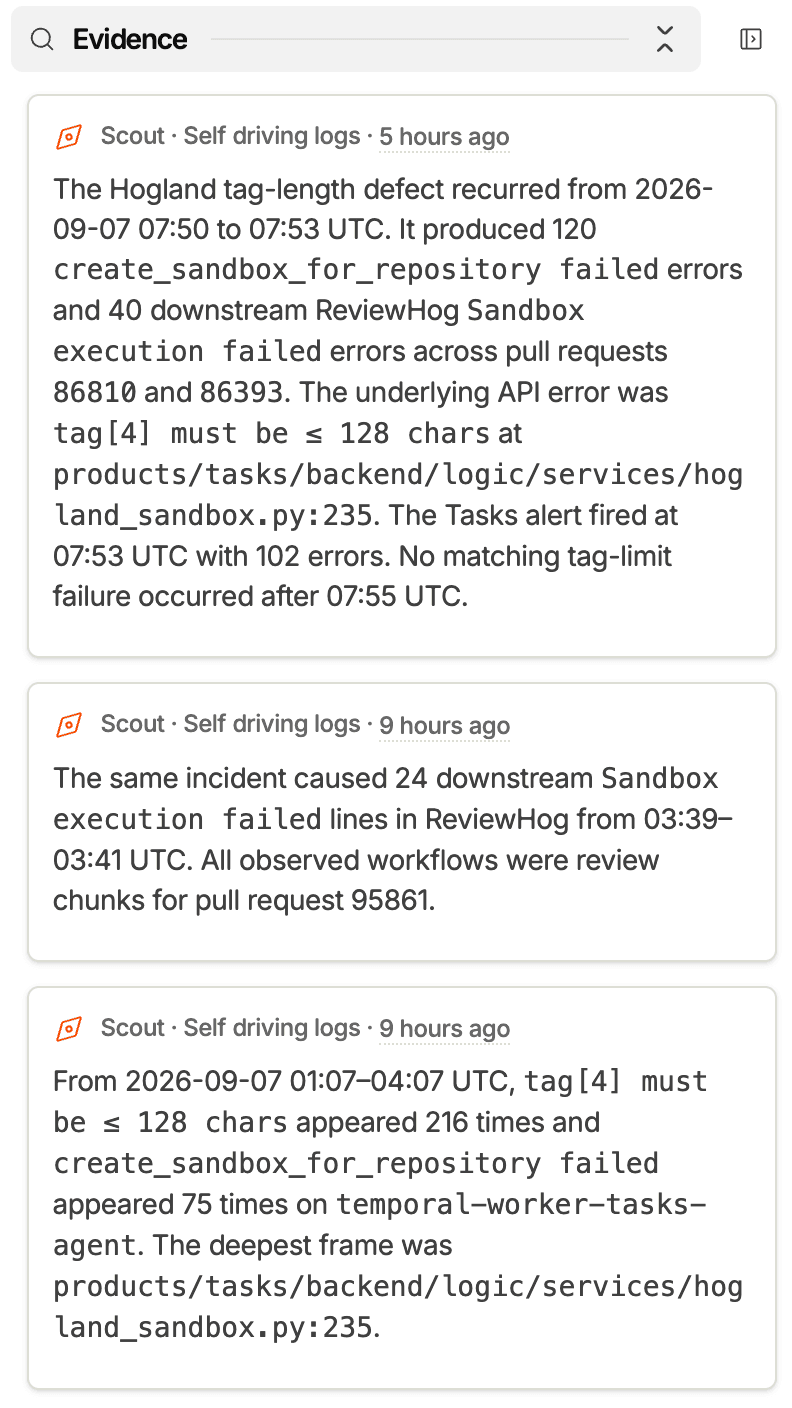 The report's Evidence section shows three updates from the Self driving logs scout, with time windows, recurring sandbox failures, and affected pull requests.