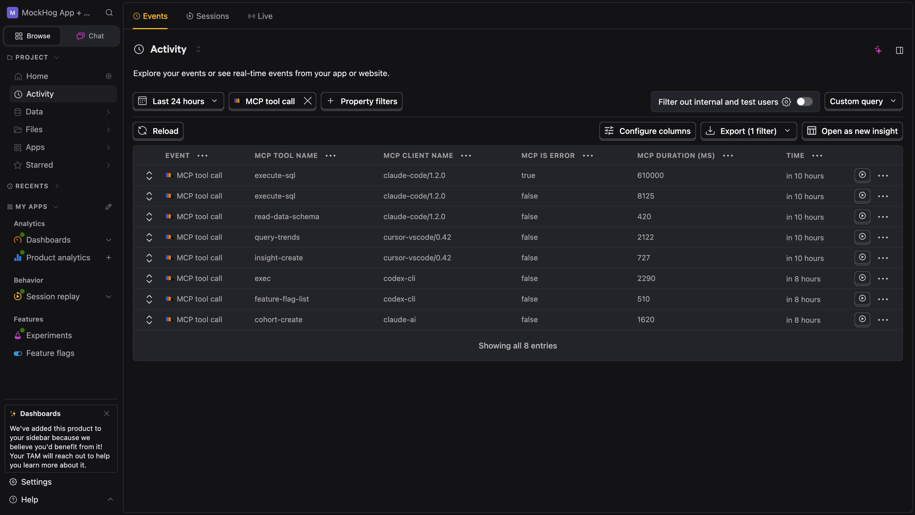 PostHog activity feed filtered to $mcp_tool_call events, with tool name, client, error state, and duration columns