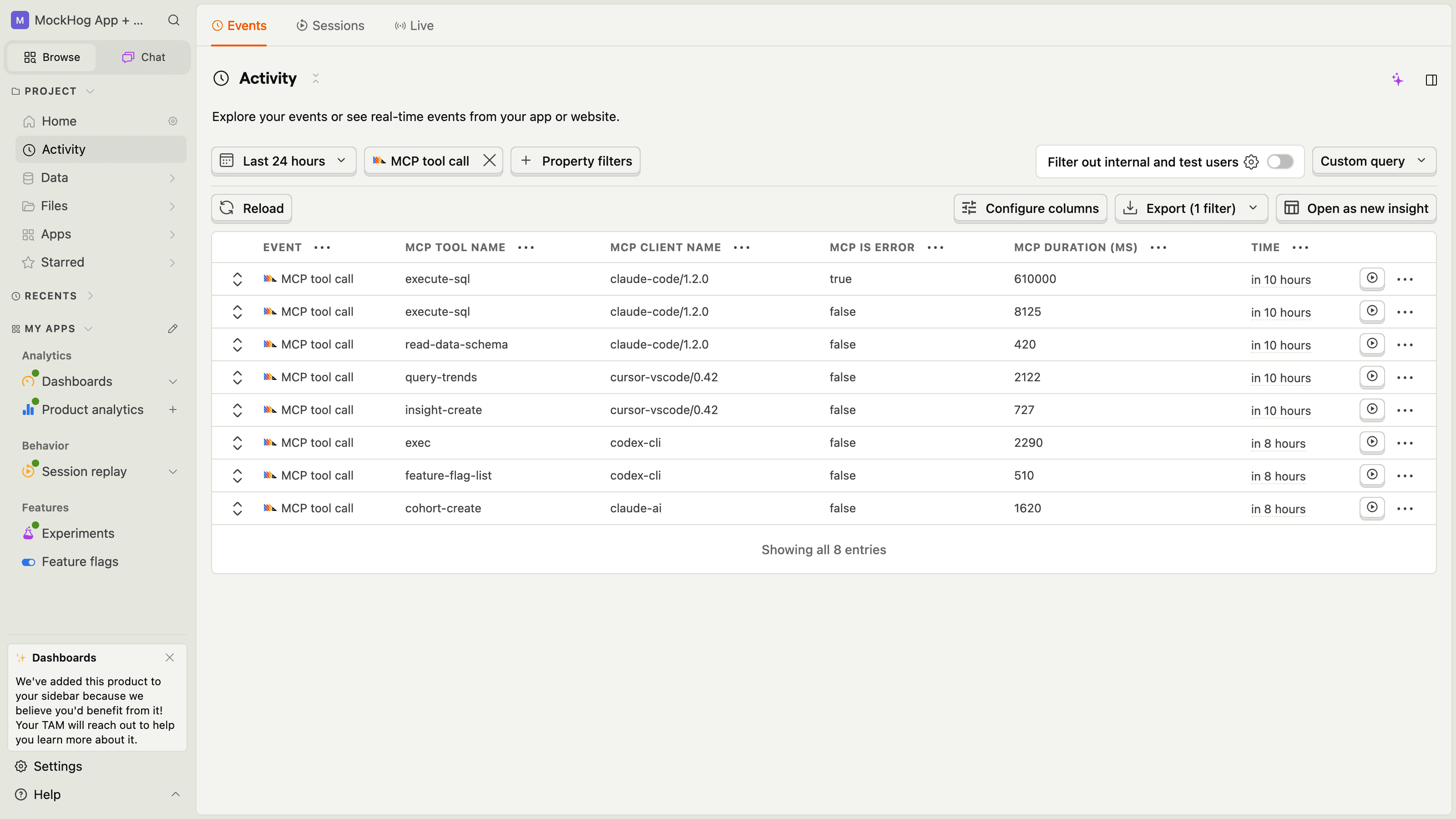 PostHog activity feed filtered to $mcp_tool_call events, with tool name, client, error state, and duration columns