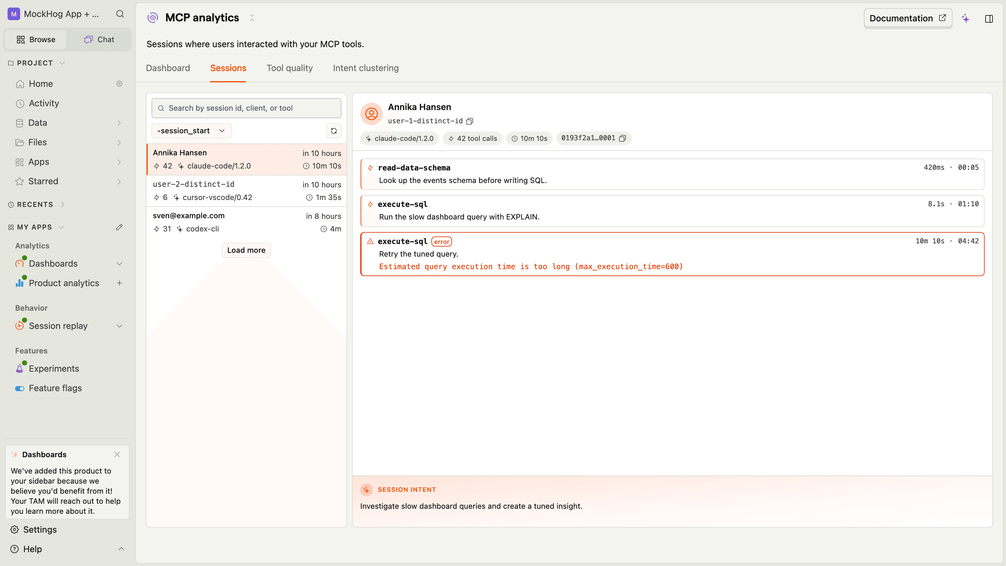 MCP analytics sessions explorer showing a session's tool calls, intents, and an errored call