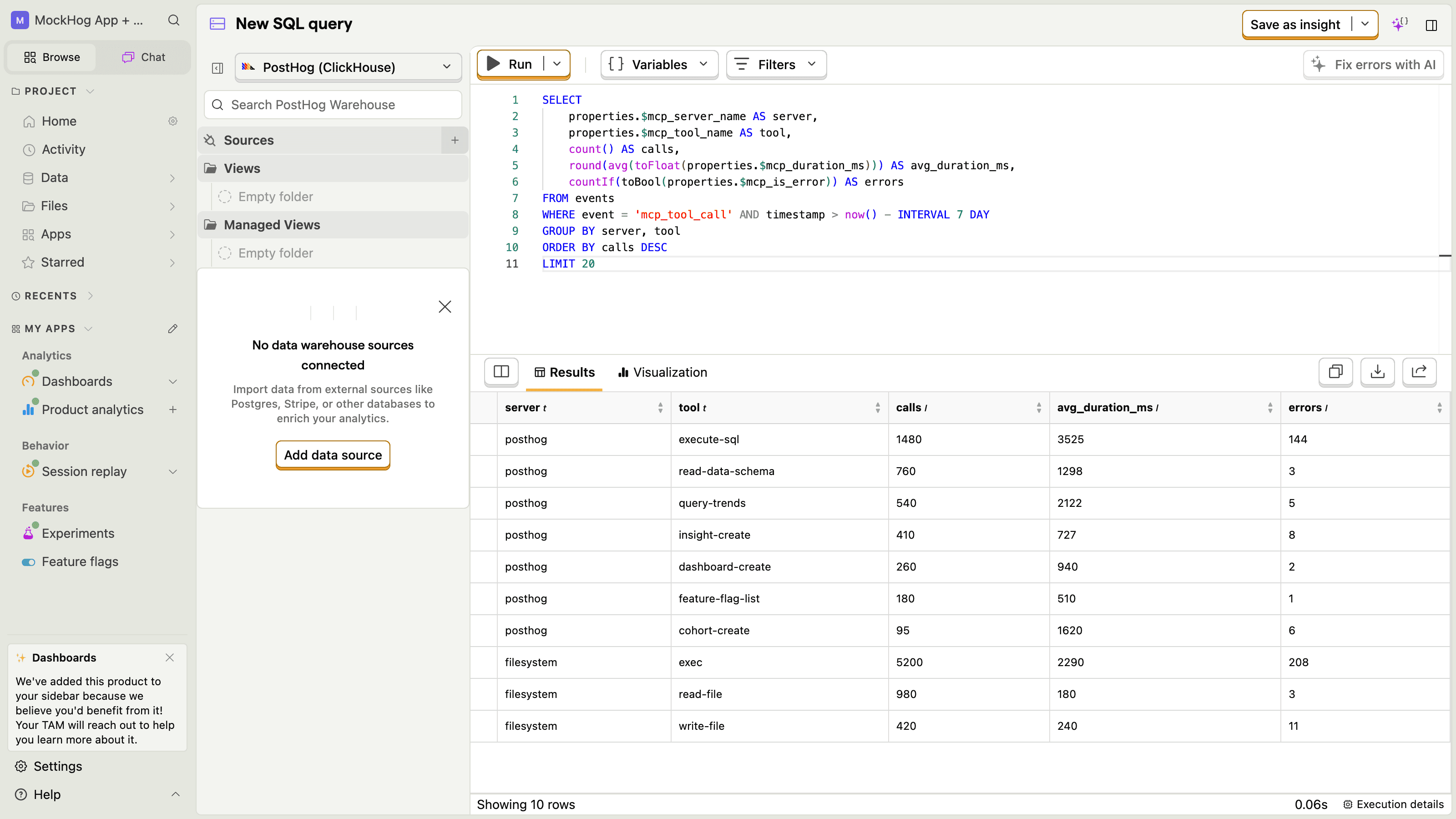 PostHog SQL editor running the top tools per server query against $mcp_tool_call events, with results grouped by server and tool