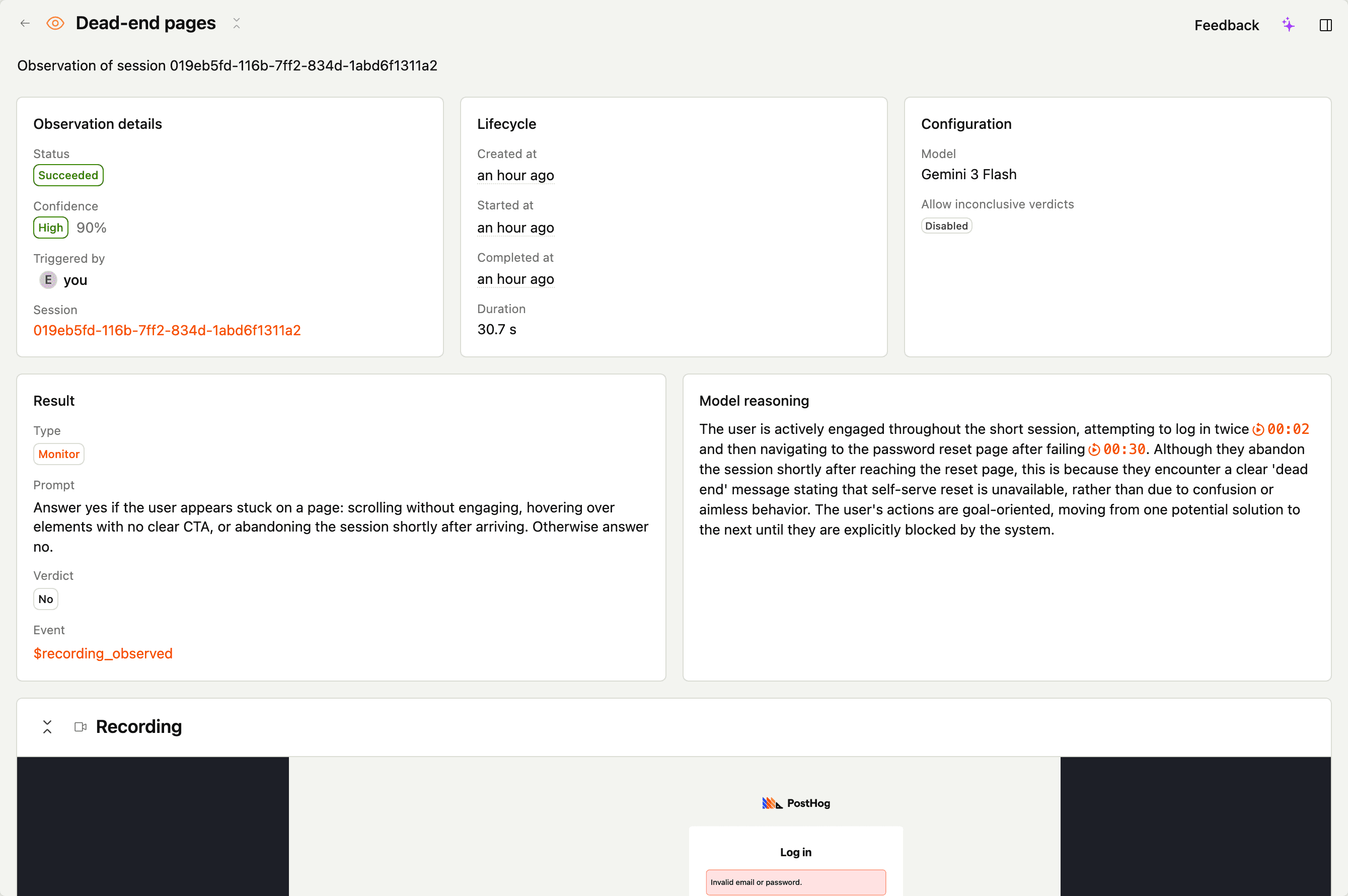 An observation detail page for a monitor scanner: verdict, confidence, and model reasoning with citation links