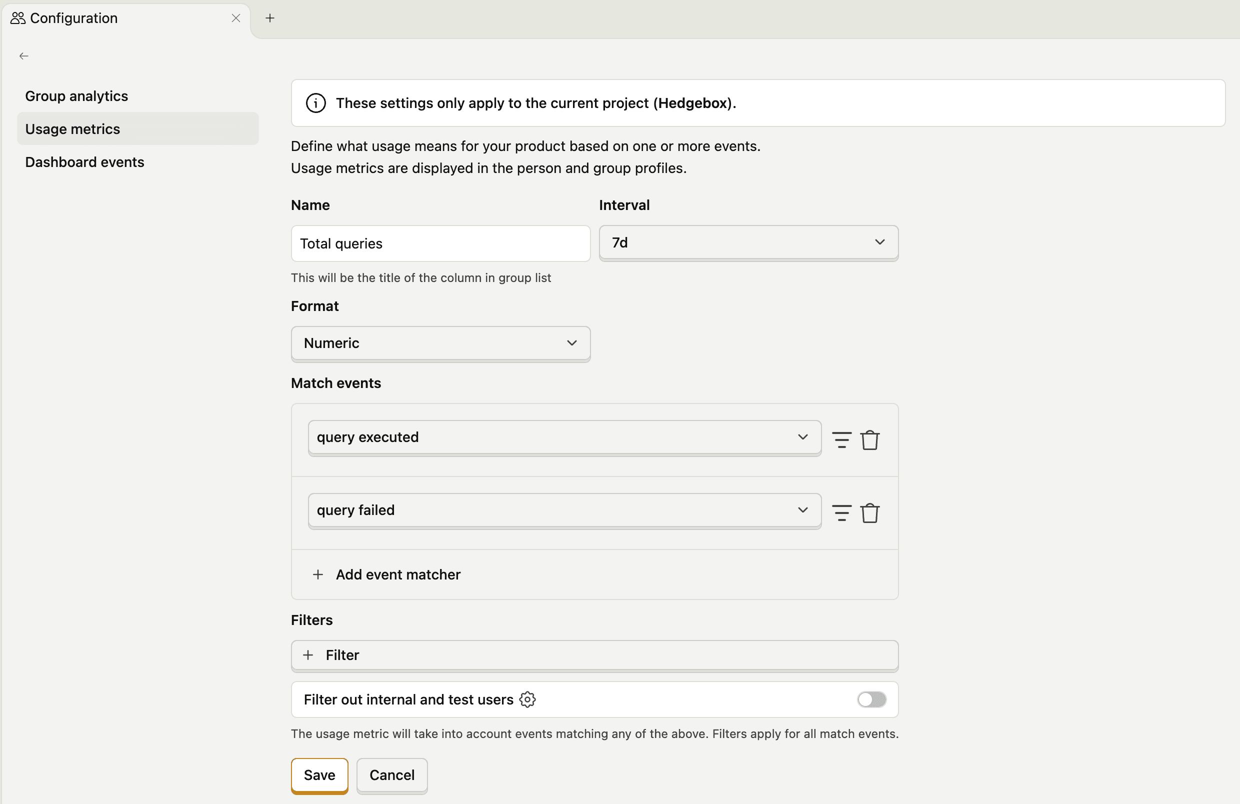 Usage metrics creation form