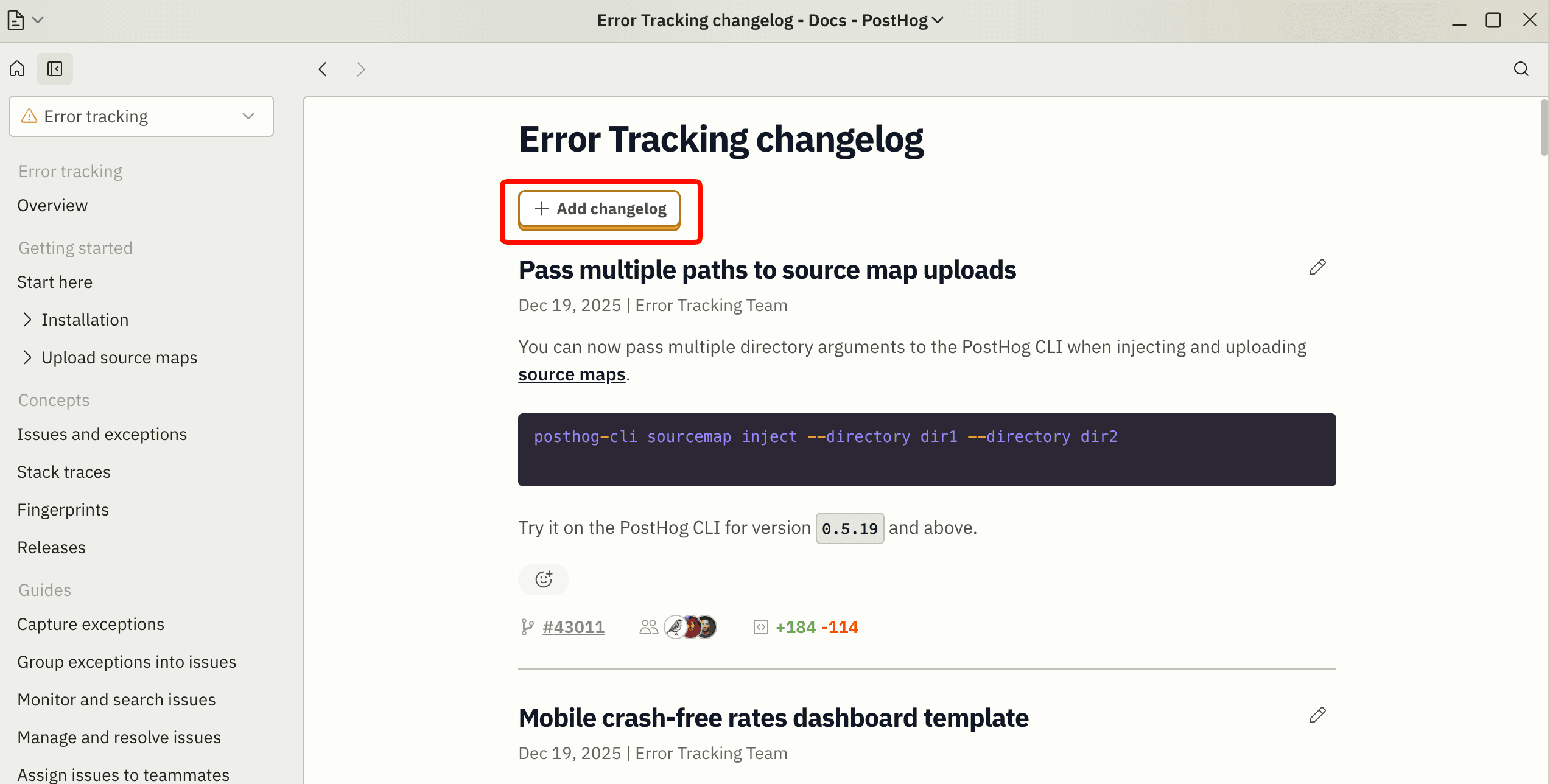 Add changelog button