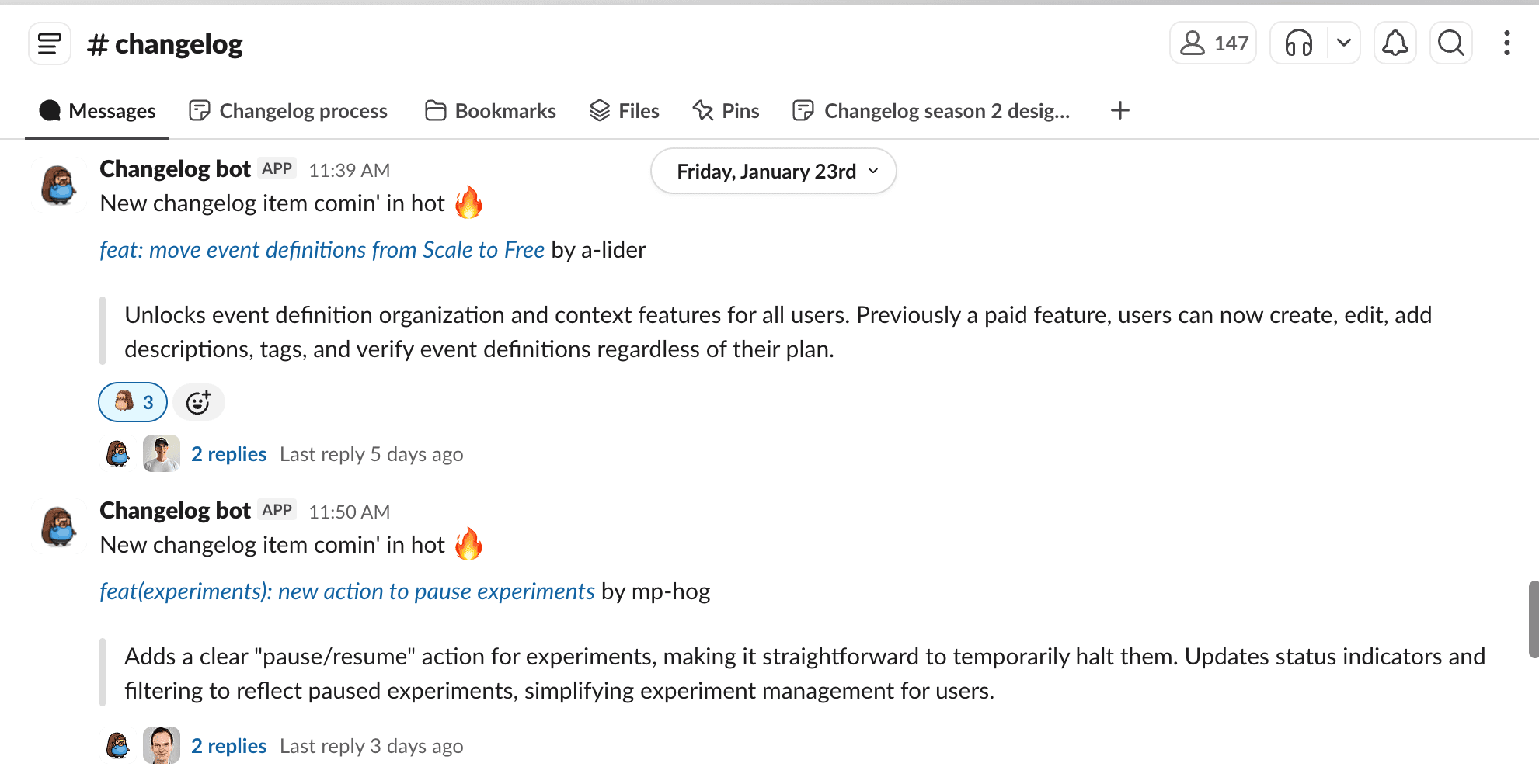 Changelog Slack channel