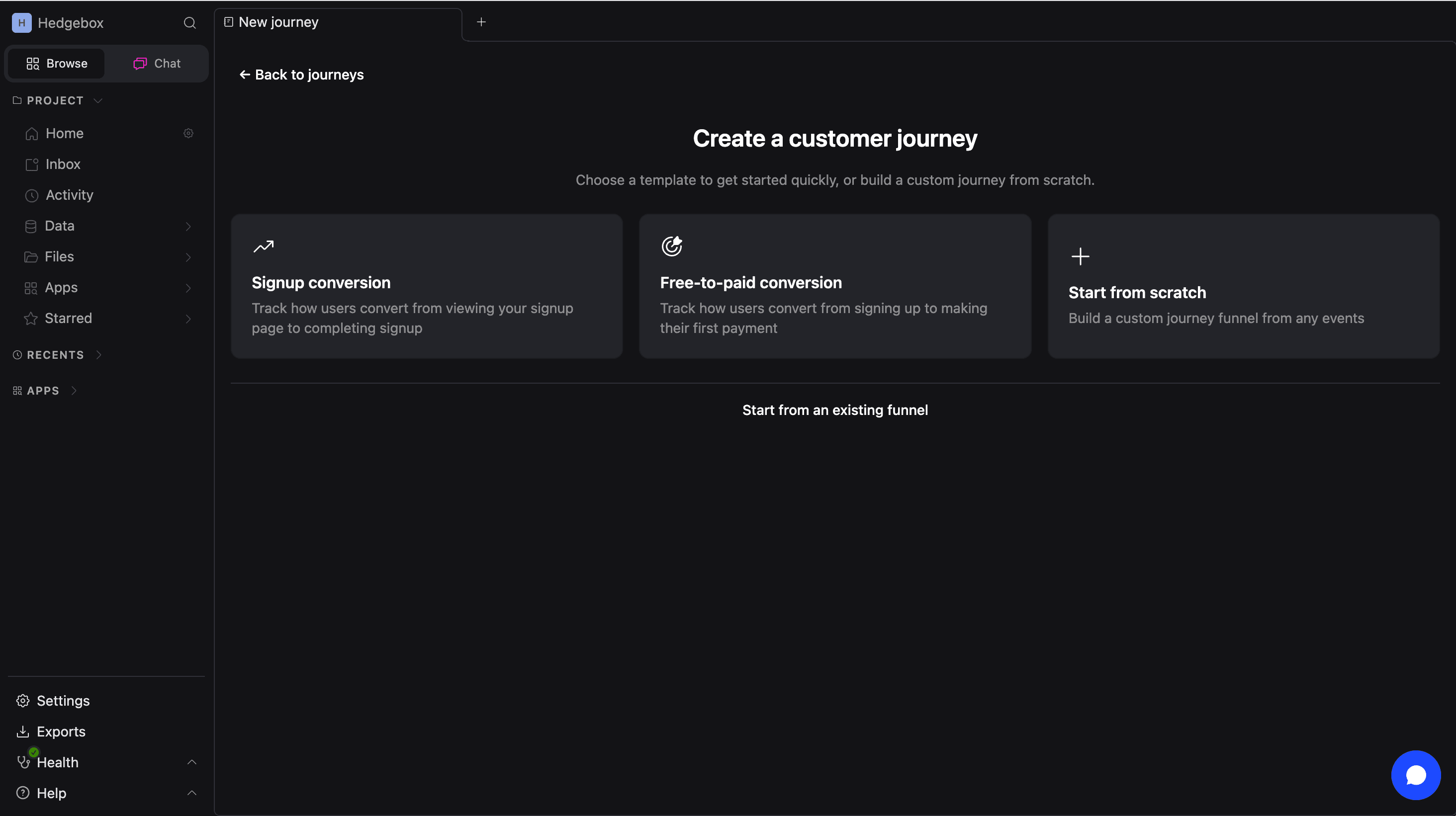 Journey template selection screen showing Signup conversion and Free-to-paid conversion templates