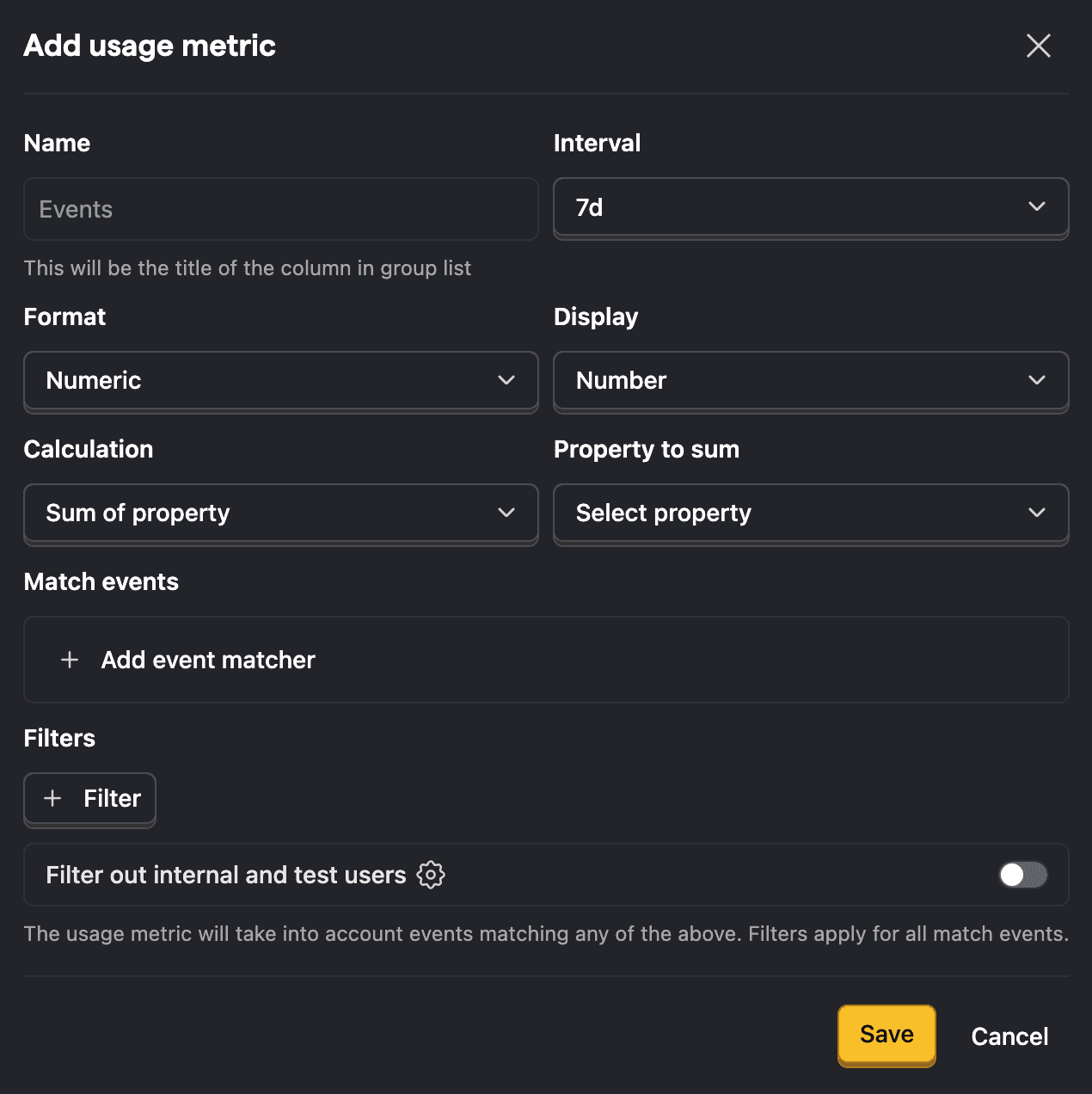 Usage metrics creation form