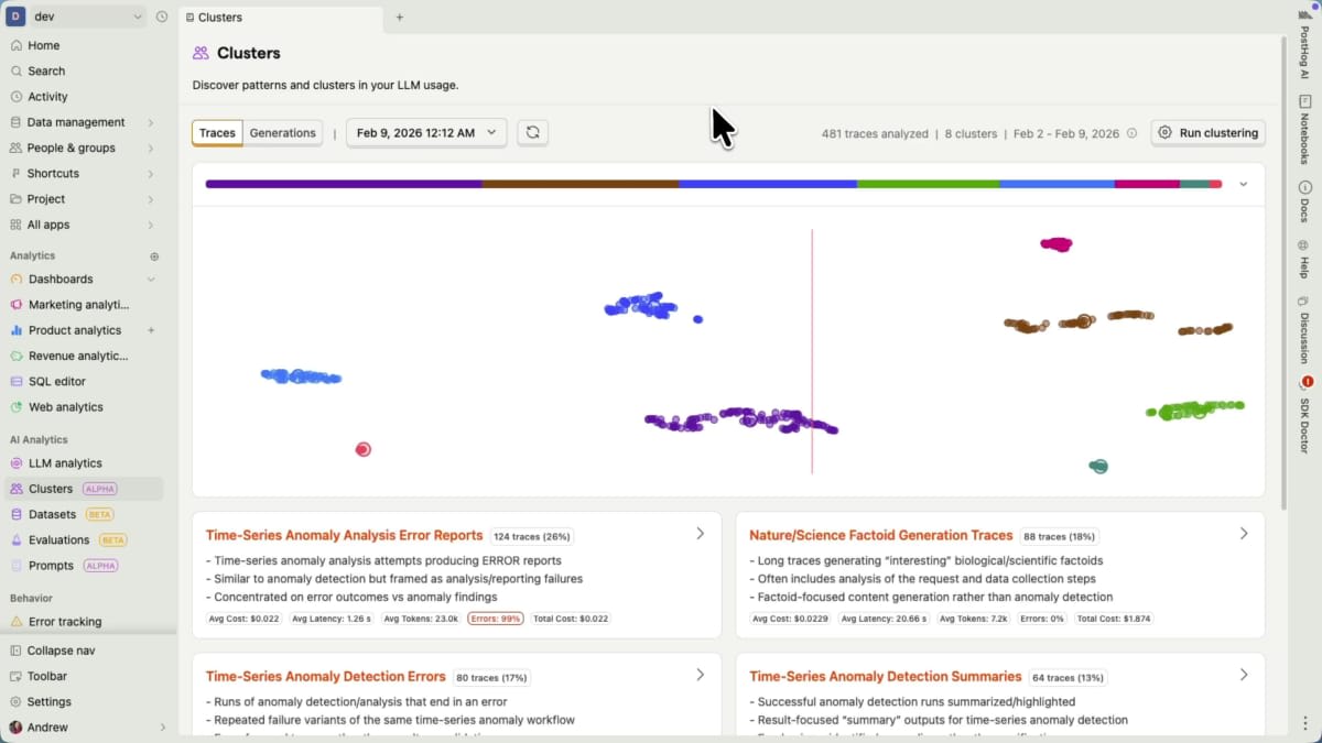 Clusters in PostHog showing themes across AI traces and generations