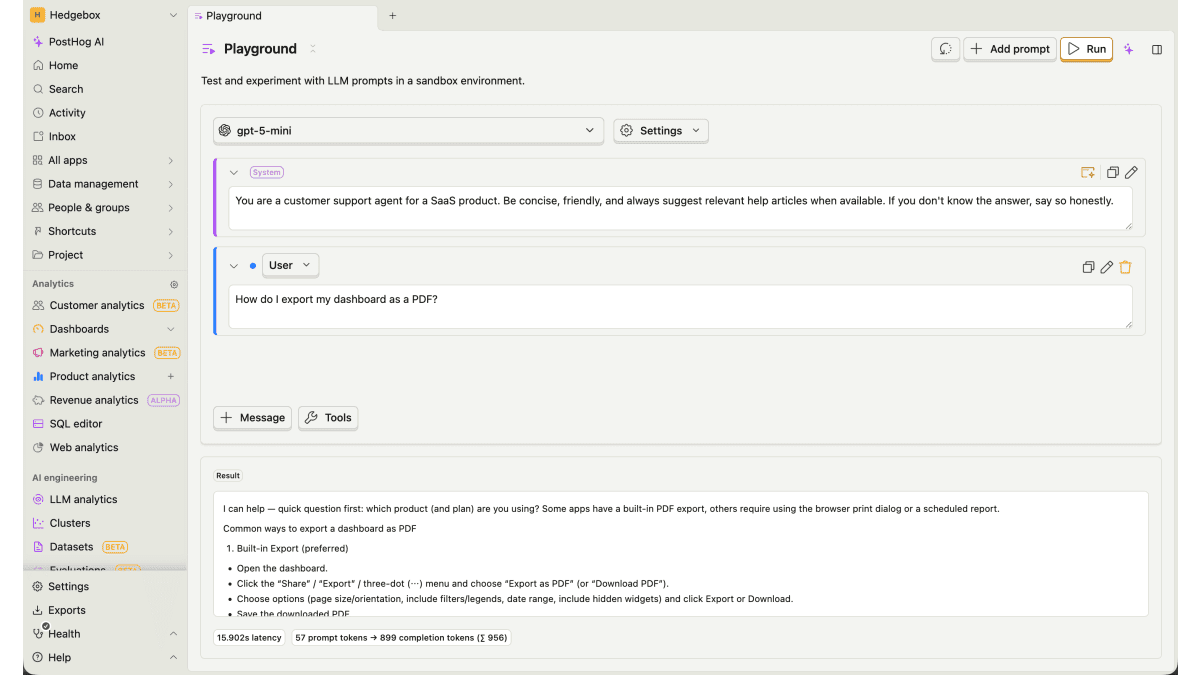 Testing a failed AI generation in the PostHog Playground