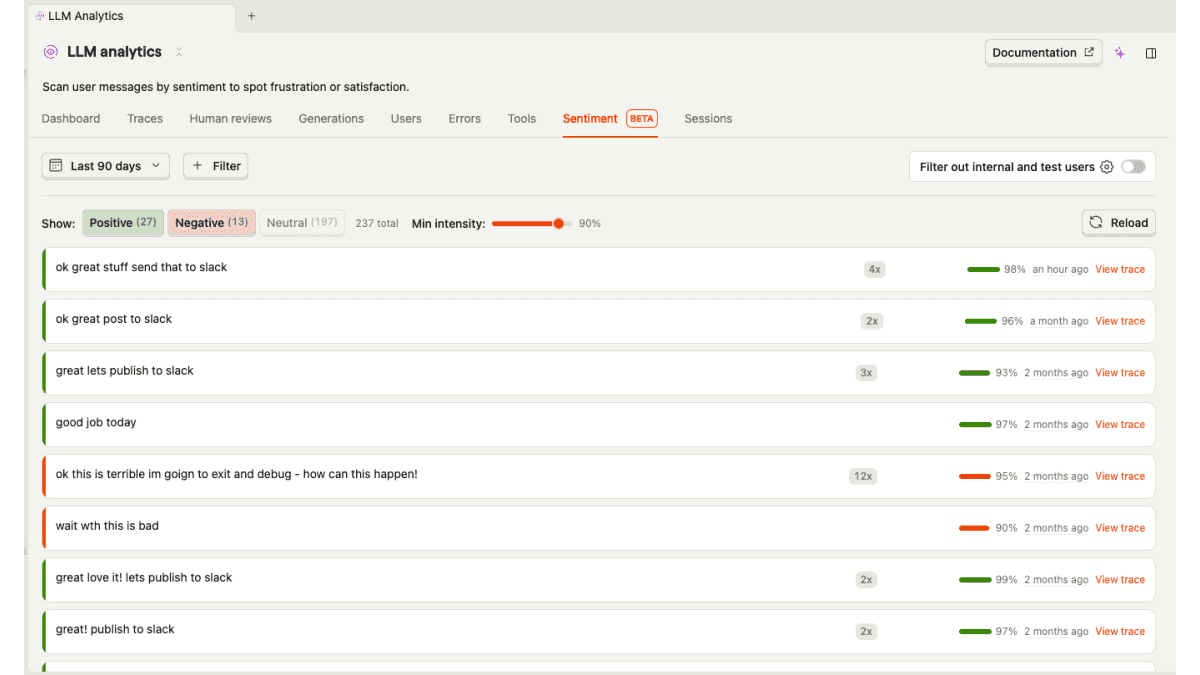 The Sentiment tab in PostHog AI Observability