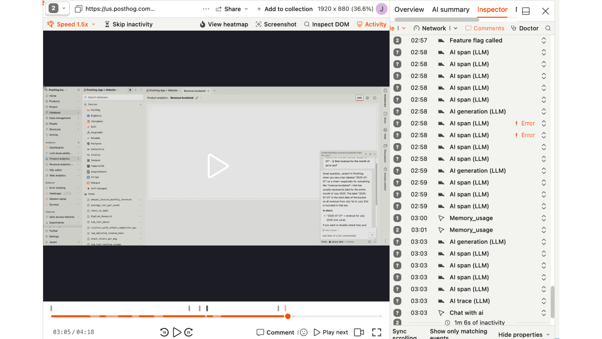 A PostHog AI trace linked to a session replay