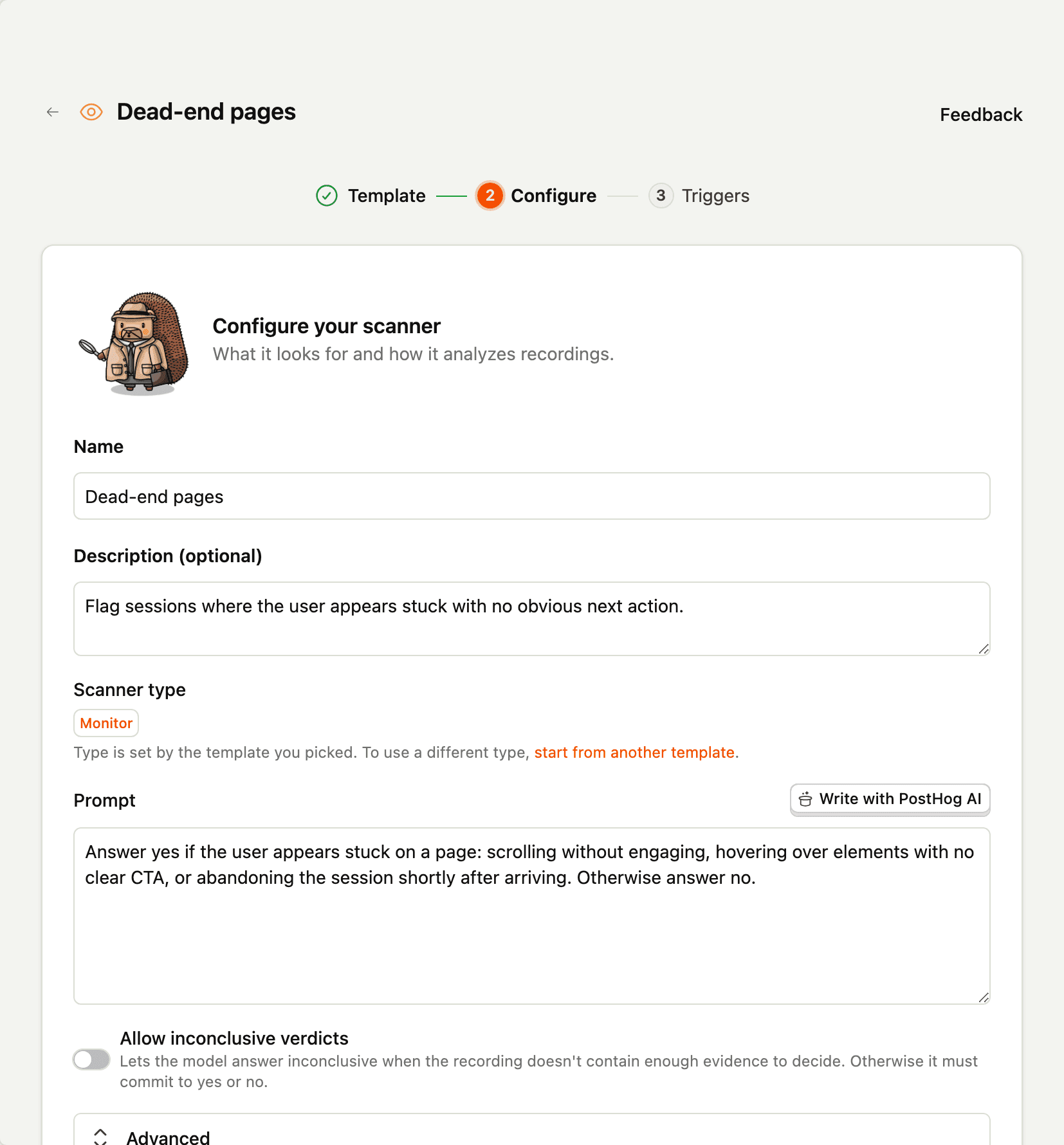 The scanner editor with the PostHog AI panel open, ready to draft the scanner prompt