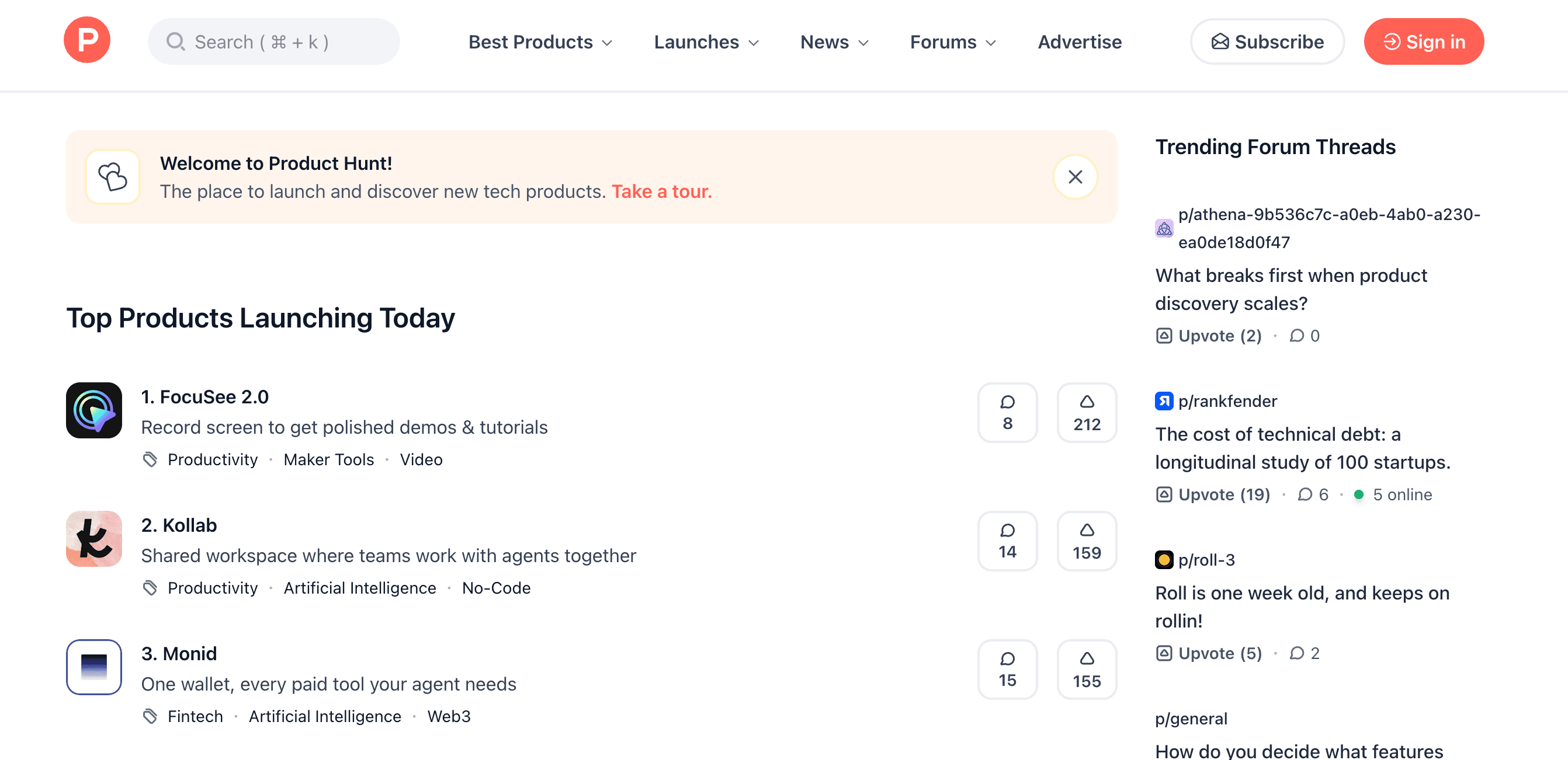 ProductHunt's homepage leaderboard