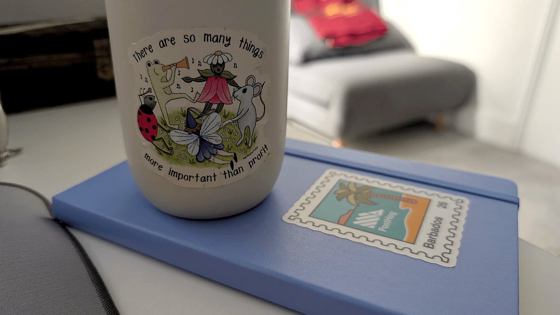 A water bottle with a sticker reading "There are so many things more important than profit"