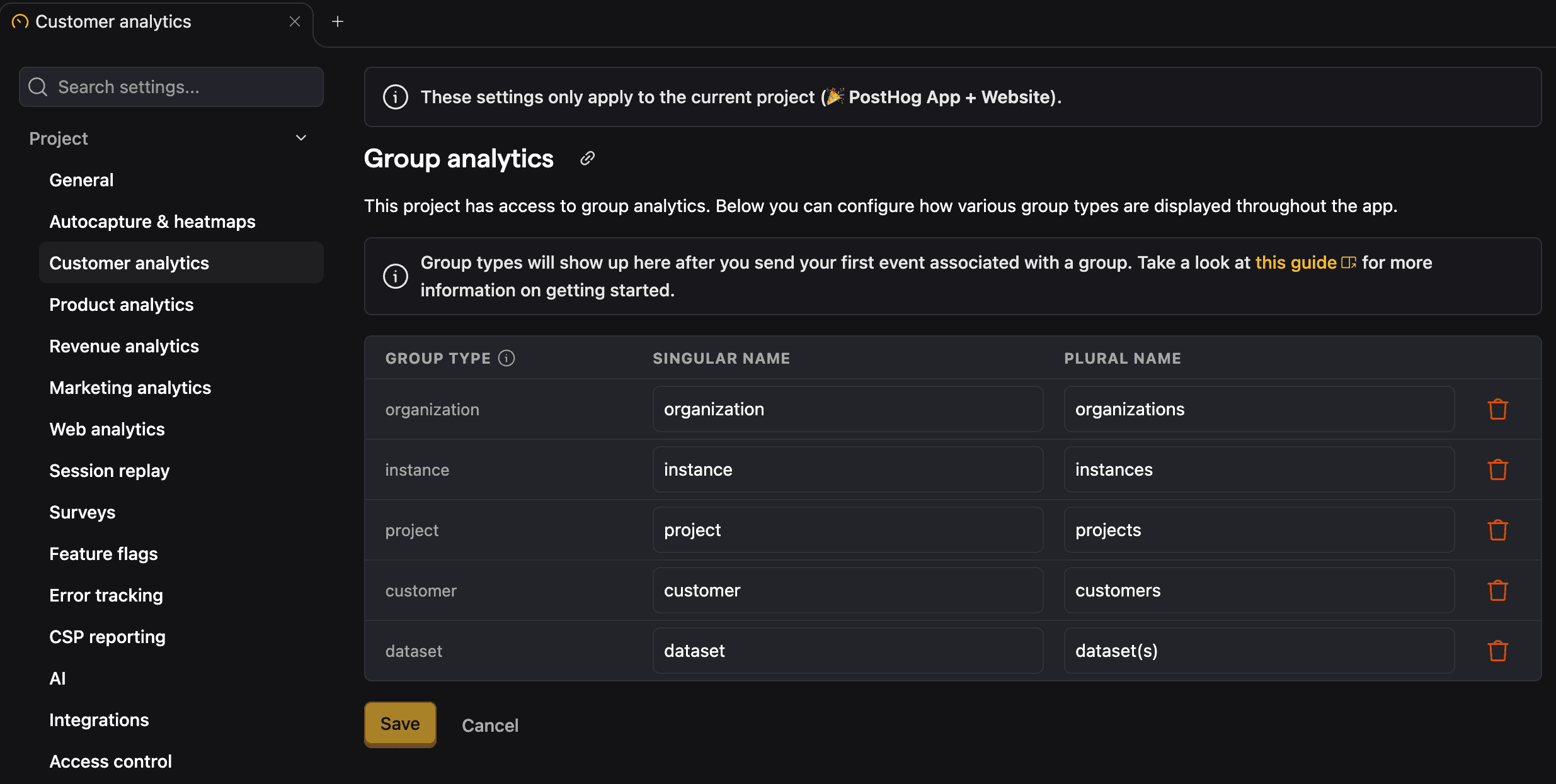 Groups in project settings