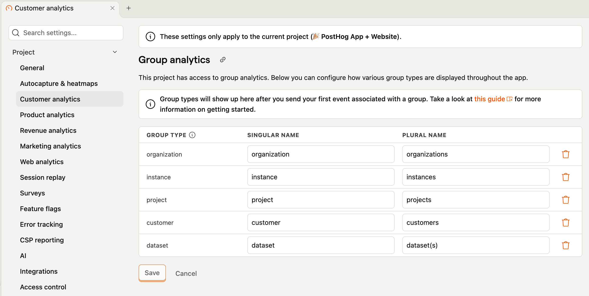 Groups in project settings