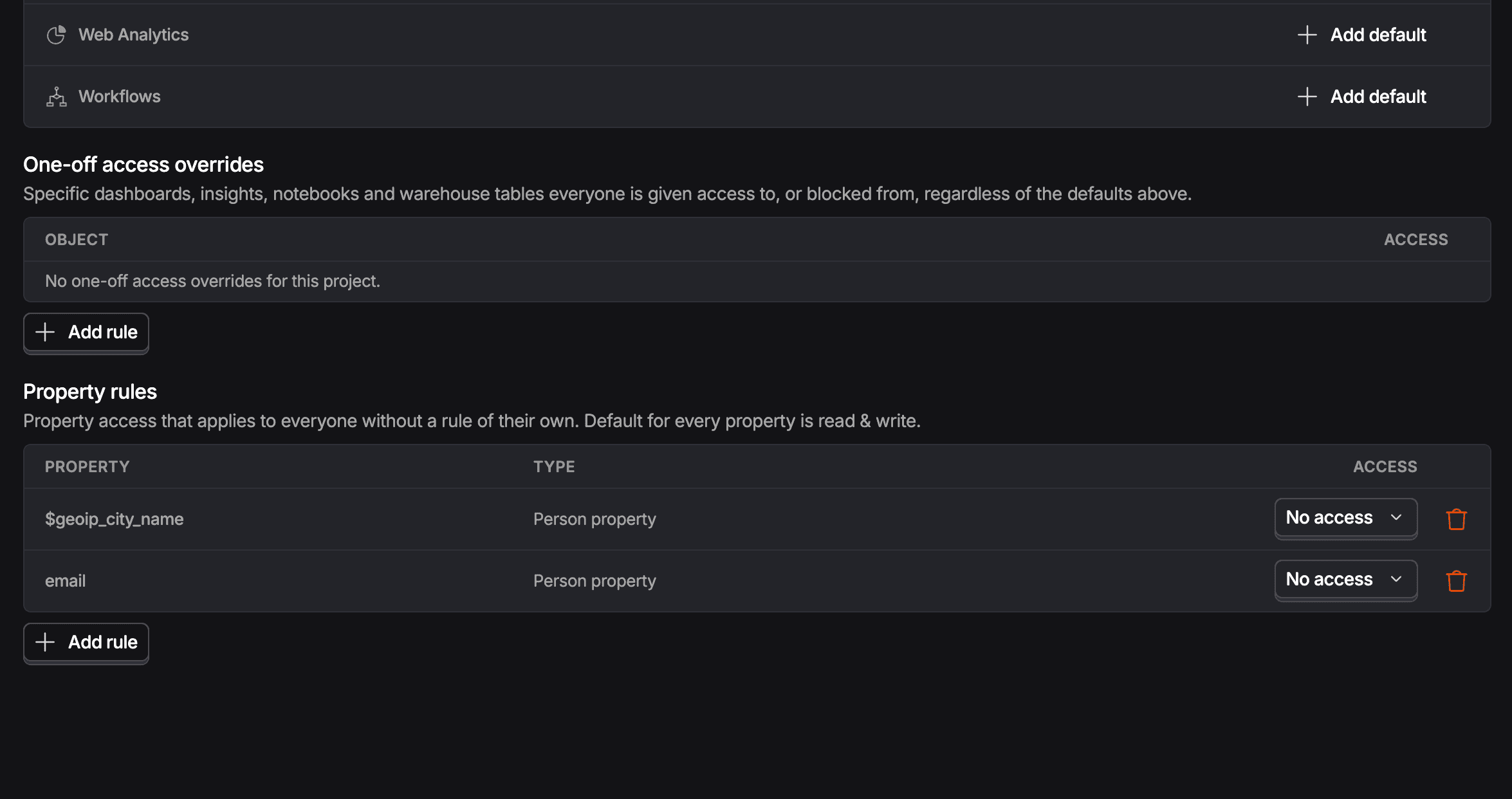 Property rules in the project access control settings