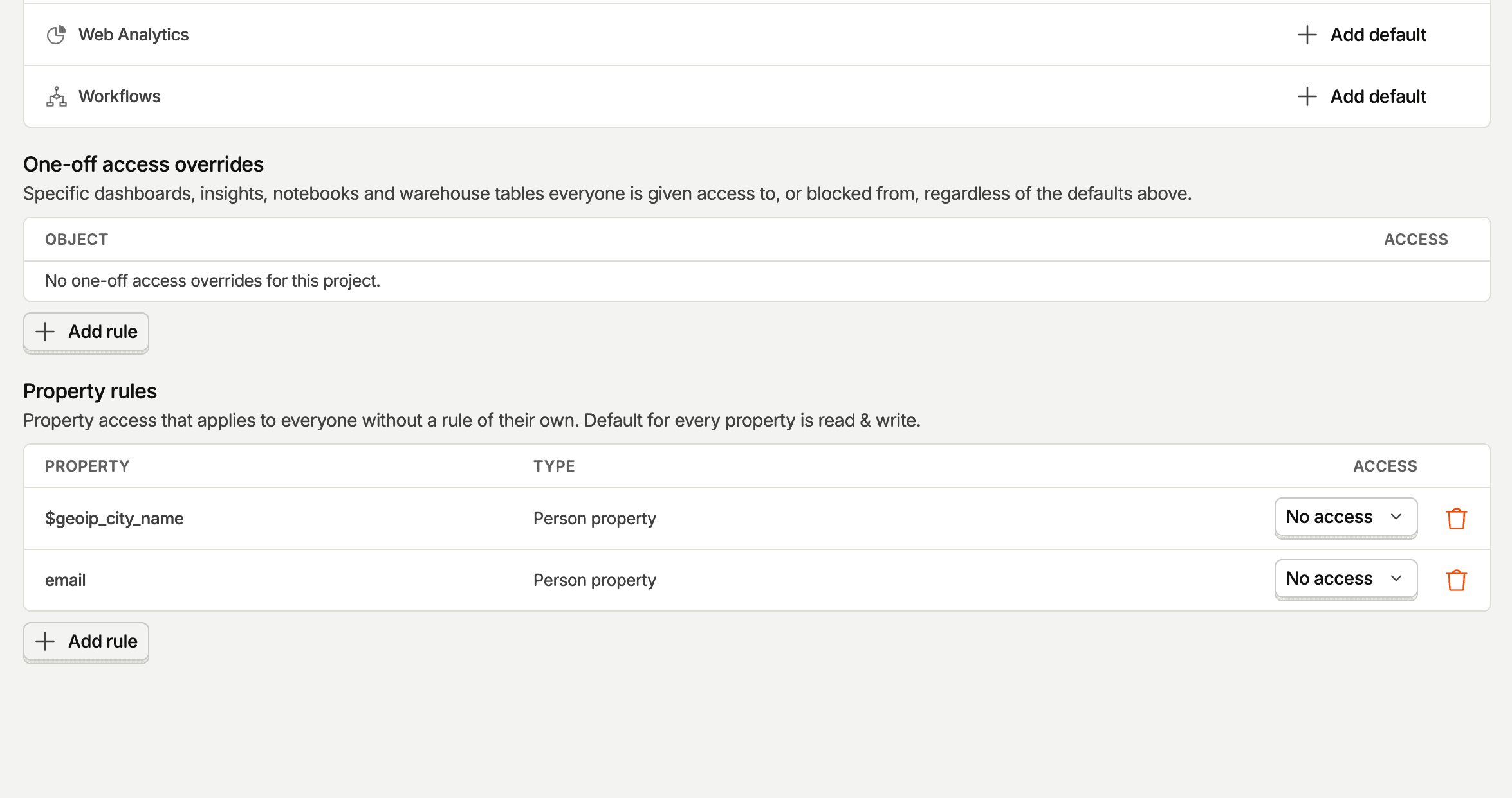 Property rules in the project access control settings