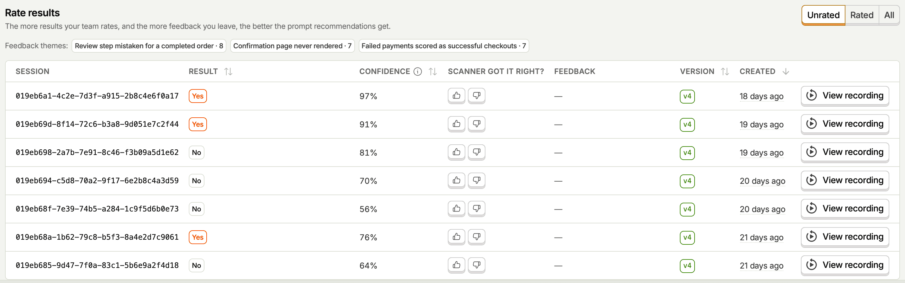 Rating scanner results with a thumbs up or down