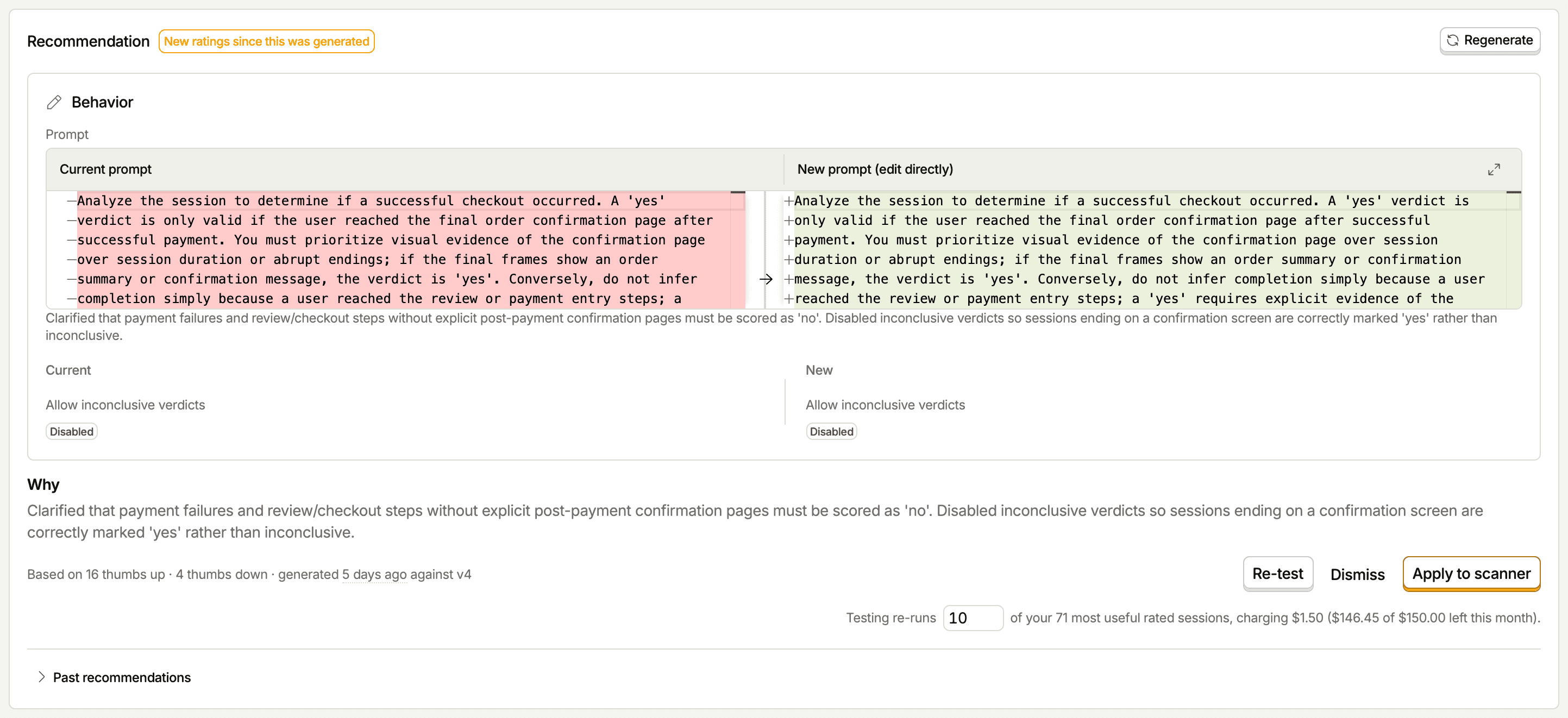 A configuration recommendation with a diff and rationale