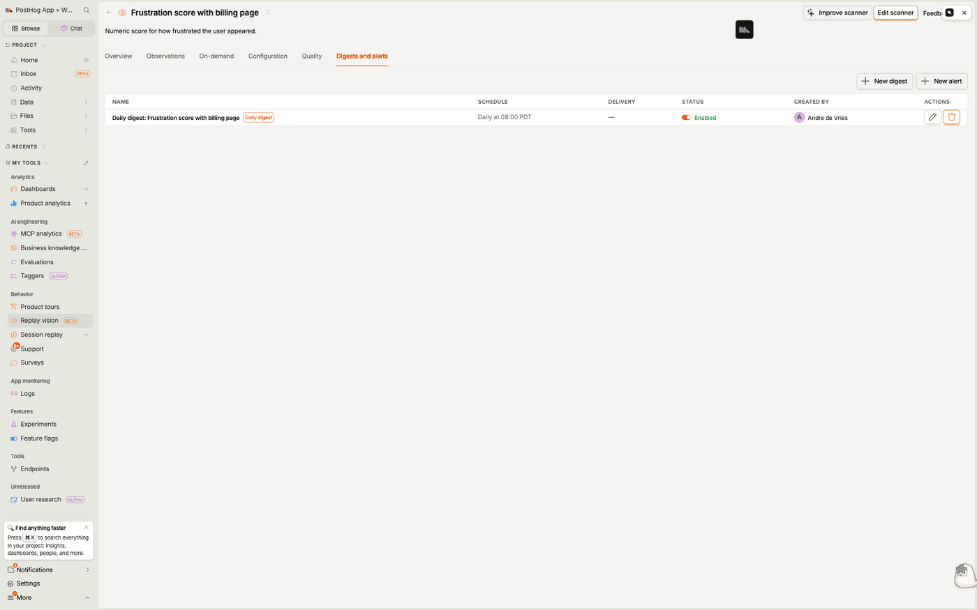 The Digests and alerts tab on a scanner, listing an action with its schedule, delivery, and enabled status