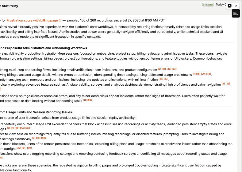 A digest run summary with a headline takeaway, themed sections, and numbered citations linking to individual observations