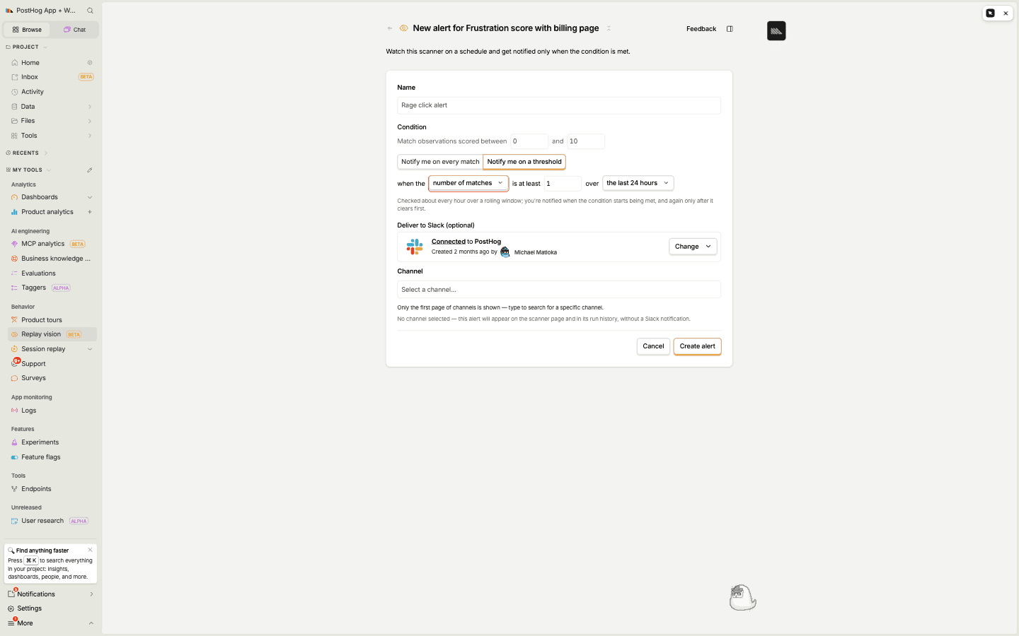 The new alert form, showing a scorer condition, the threshold notify mode with a rolling window, and Slack delivery