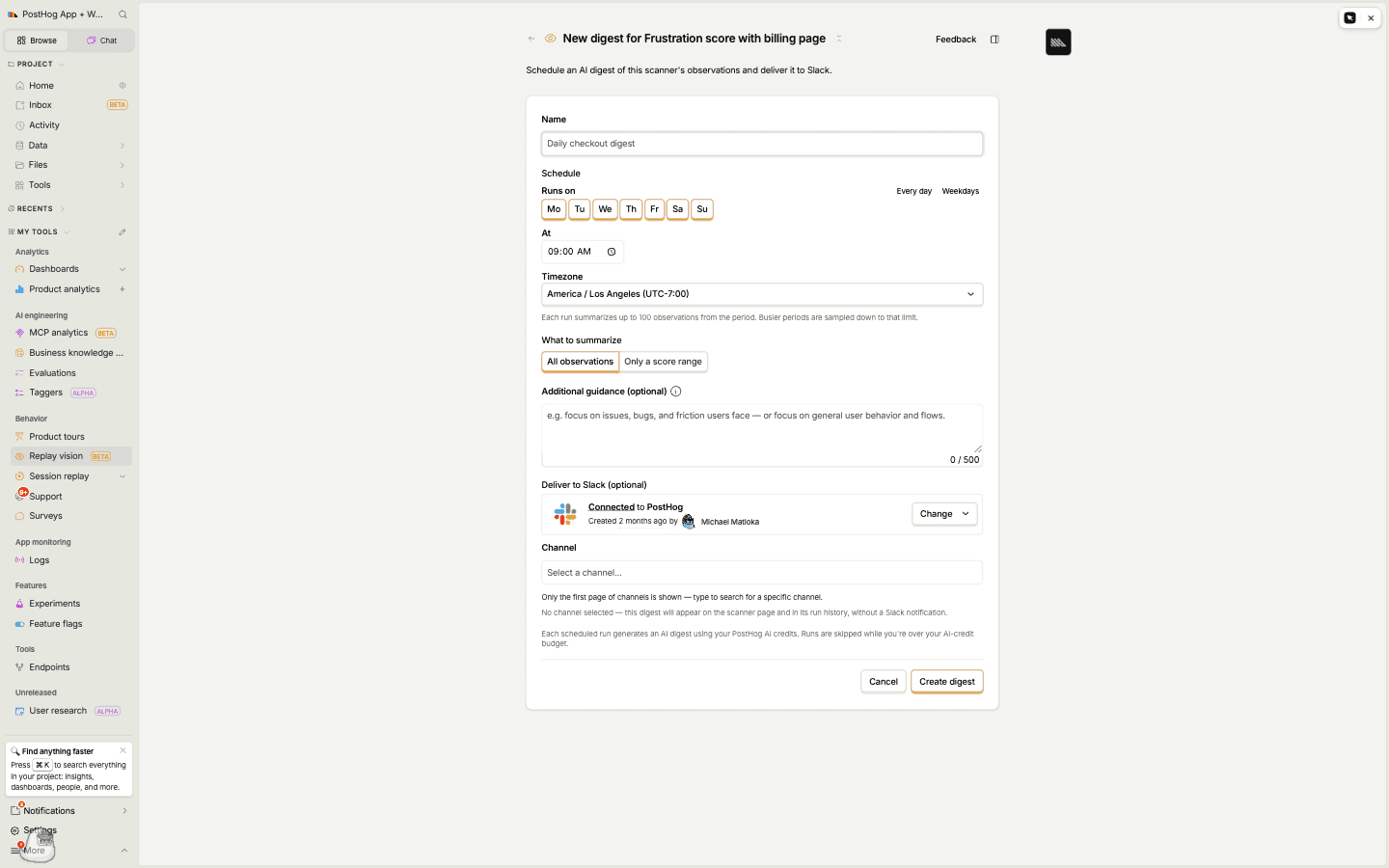 The new digest form, showing name, schedule, what to summarize, additional guidance, and Slack delivery