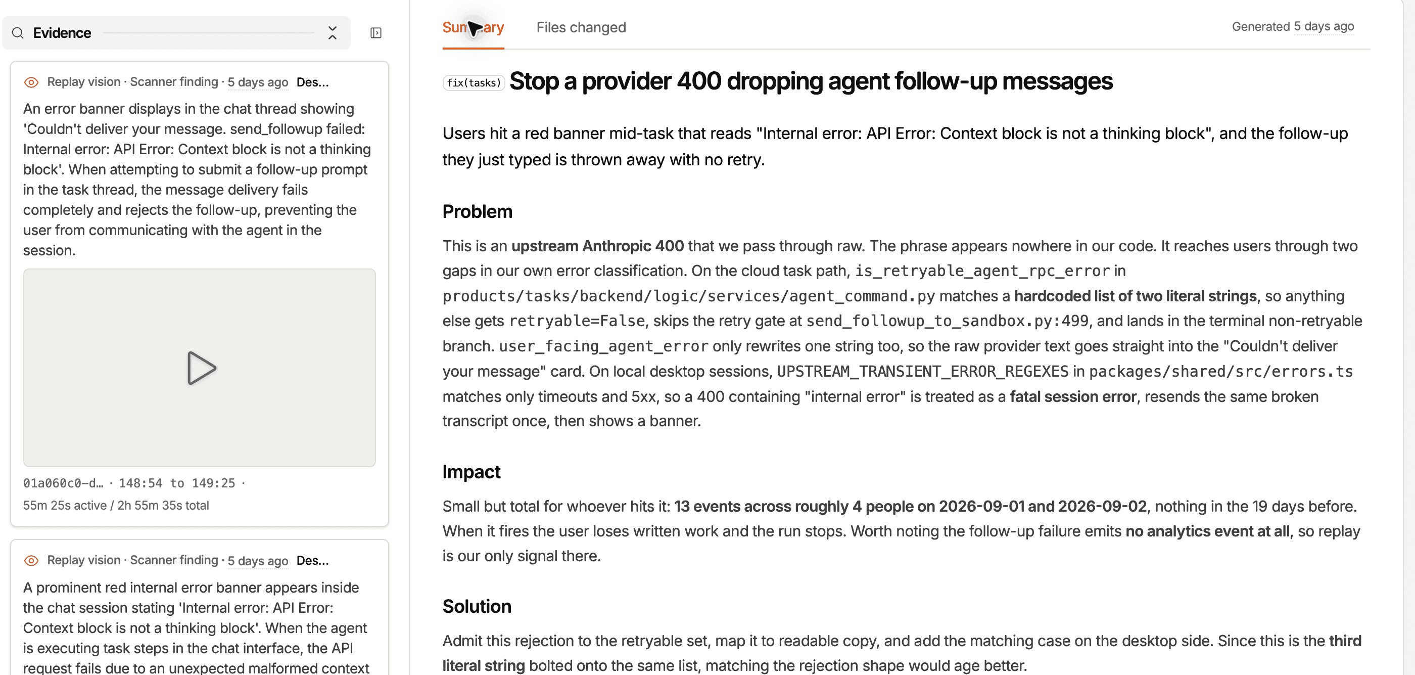 Replay Vision observations with recording timestamps beside the report diagnosing failed agent follow-up messages.
