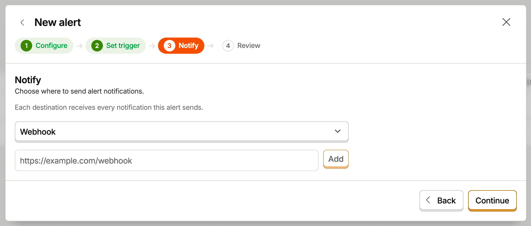 The Notify step of the new alert form, with a webhook destination