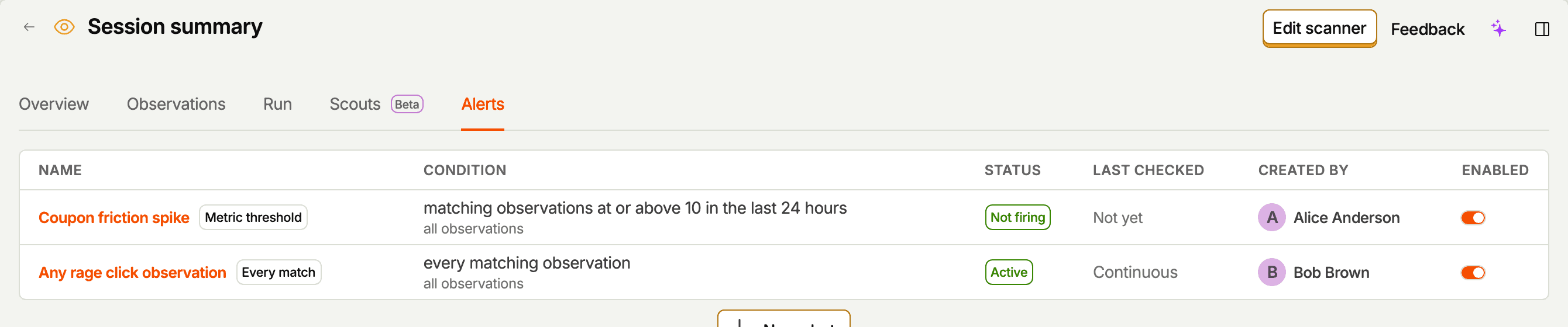 The Alerts tab on a scanner, listing alerts with their condition, state, and last check