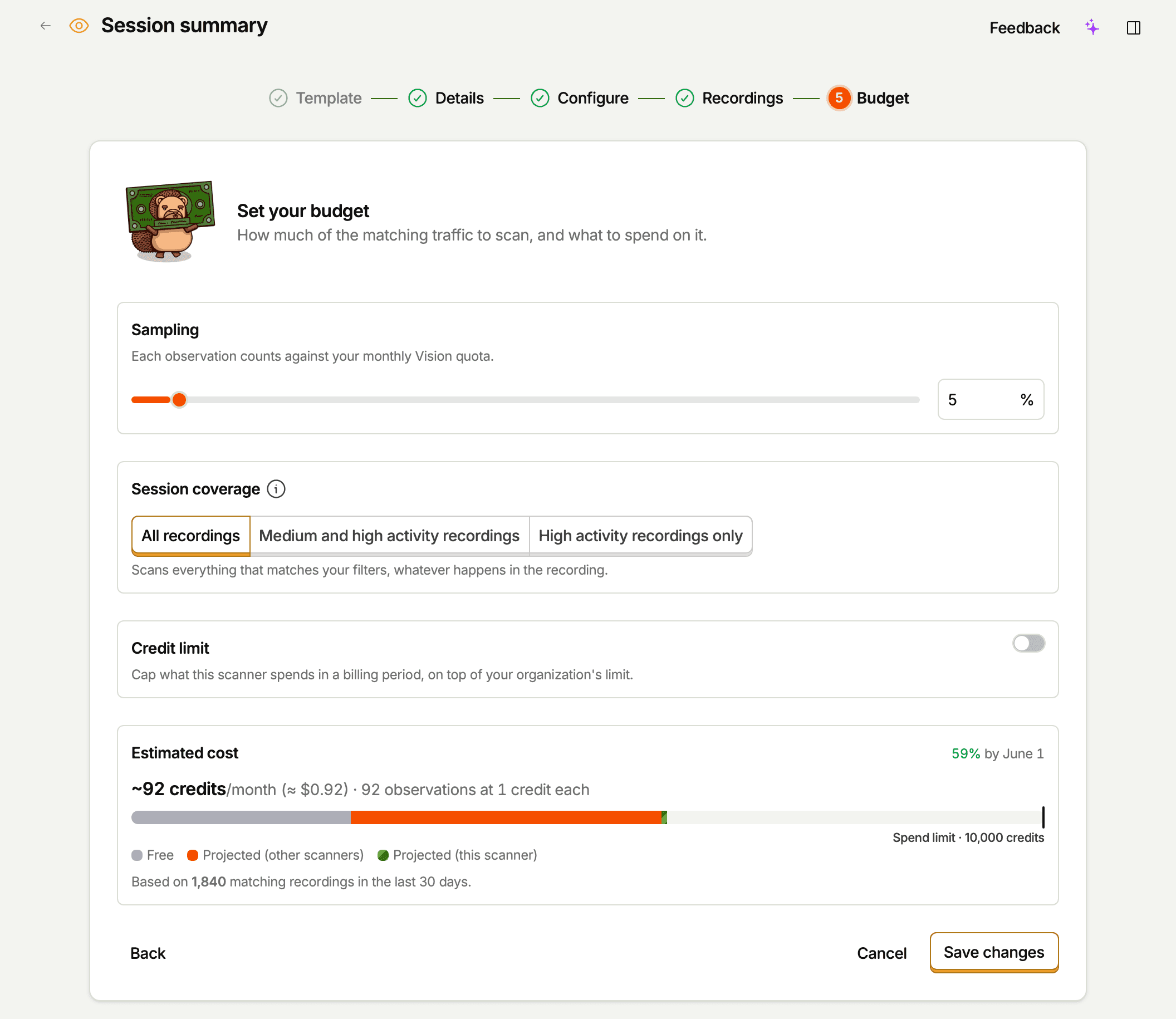 The Budget step of the scanner editor: session coverage, sampling rate, credit limit, and the estimated monthly cost