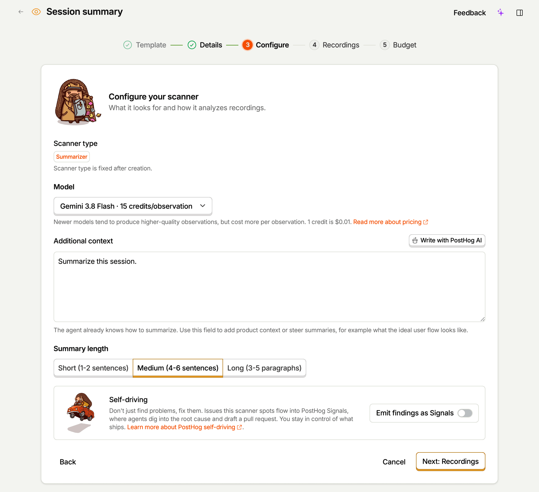 The Configure step of the scanner editor: name, type, prompt with the Write with PostHog AI button, and model